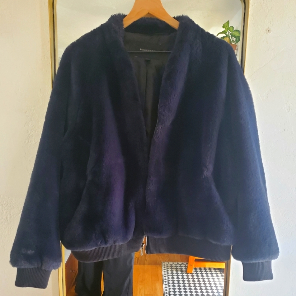 Banana Republic, Royal Blue Faux Fur Bomber Jacket, Size XL, excellent condition